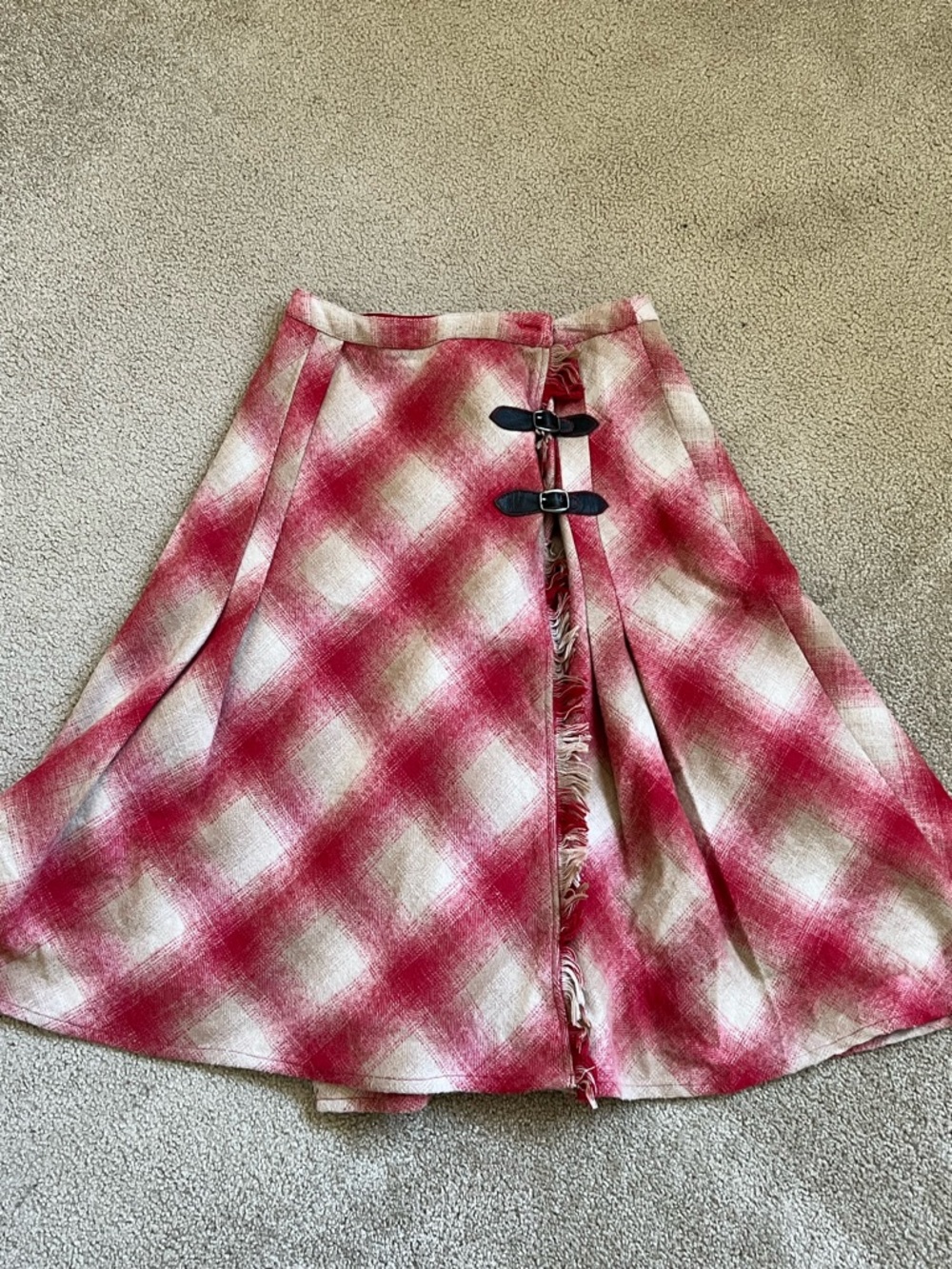 April Cornell Red and Cream Plaid Midi Skirt with Buckle Closures